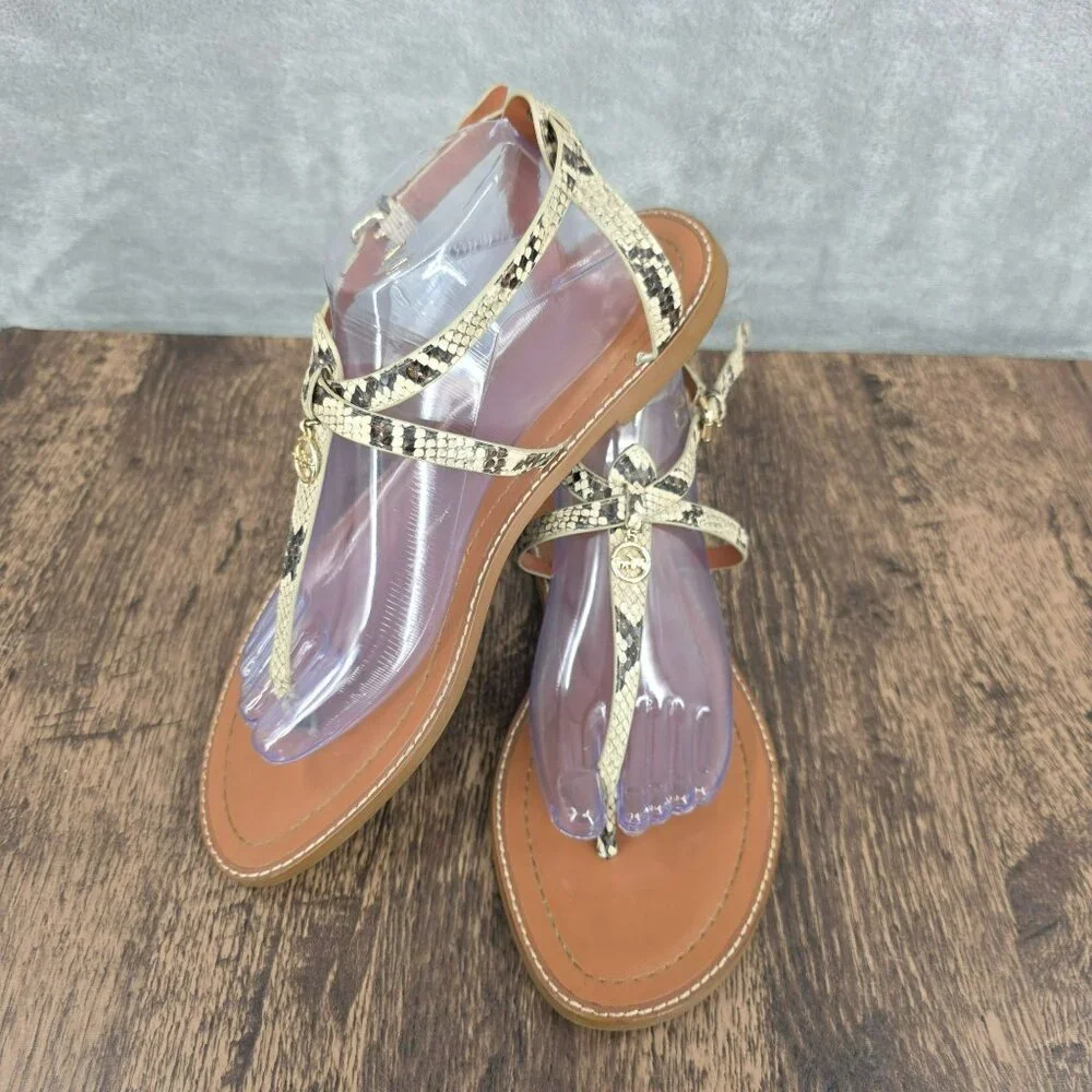Coach Lydia T Strap Sandals 11 Snake Print Ankle Buckle Logo Strappy Flat Beachy